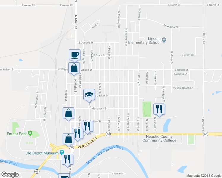 map of restaurants, bars, coffee shops, grocery stores, and more near 815 North Poplar Street in Ottawa