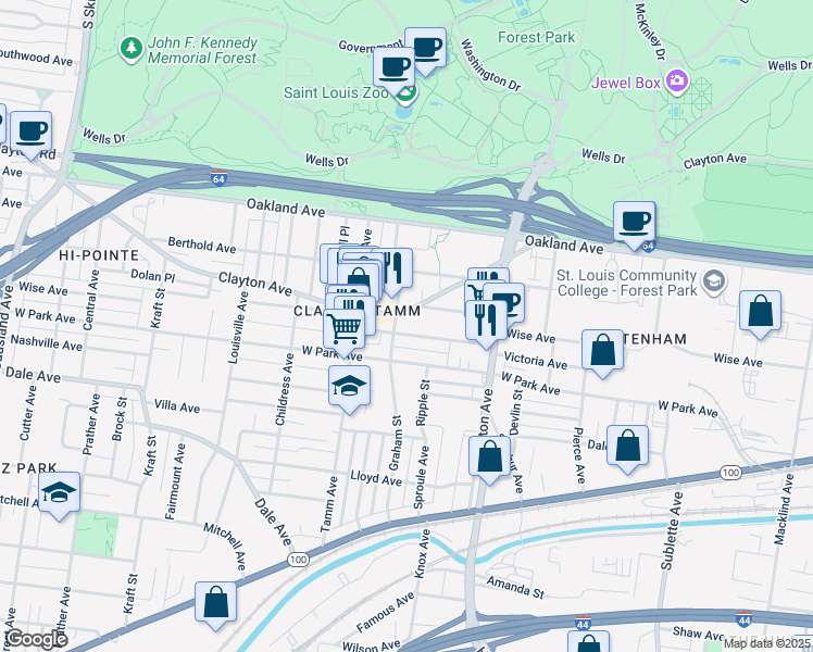 map of restaurants, bars, coffee shops, grocery stores, and more near 6227 Victoria Avenue in St. Louis