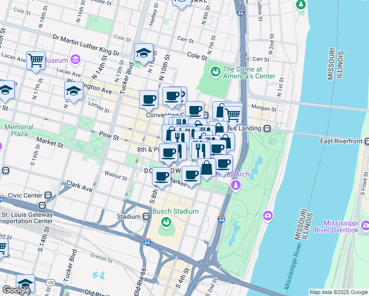 map of restaurants, bars, coffee shops, grocery stores, and more near 622 Olive Street in St. Louis