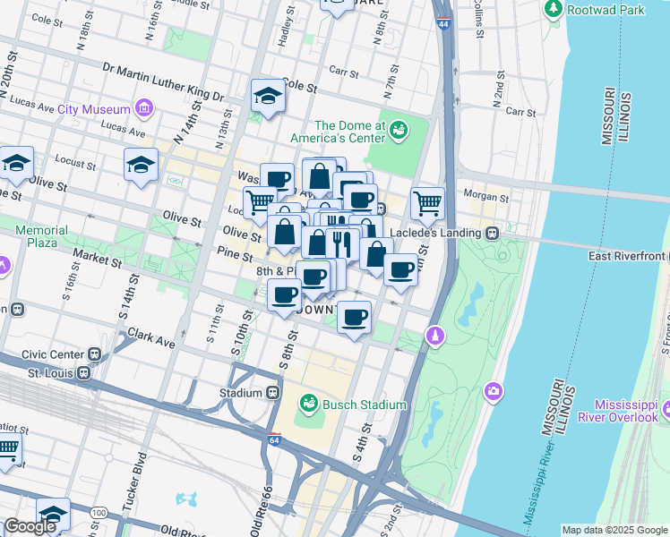 map of restaurants, bars, coffee shops, grocery stores, and more near 229 North 7th Street in St. Louis
