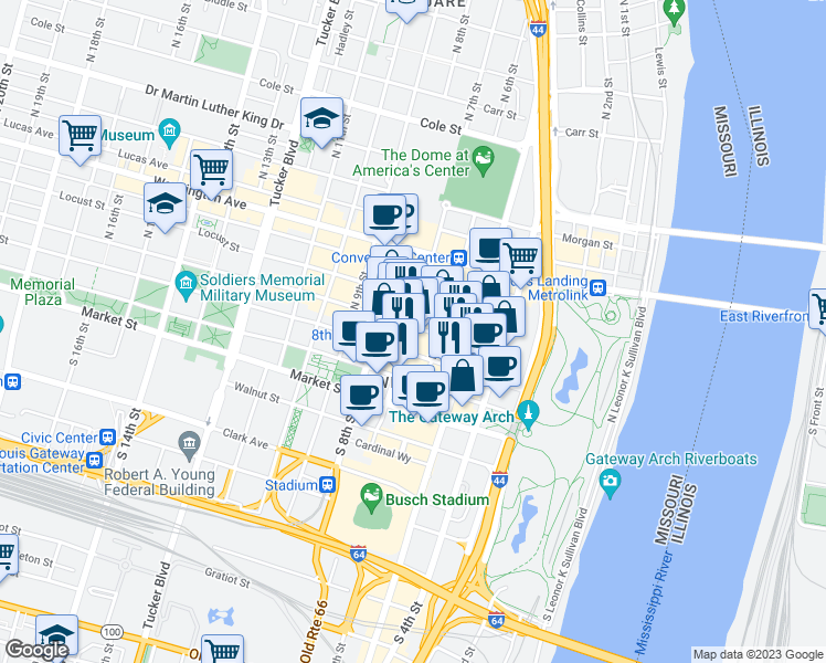 map of restaurants, bars, coffee shops, grocery stores, and more near 622 Olive Street in St. Louis