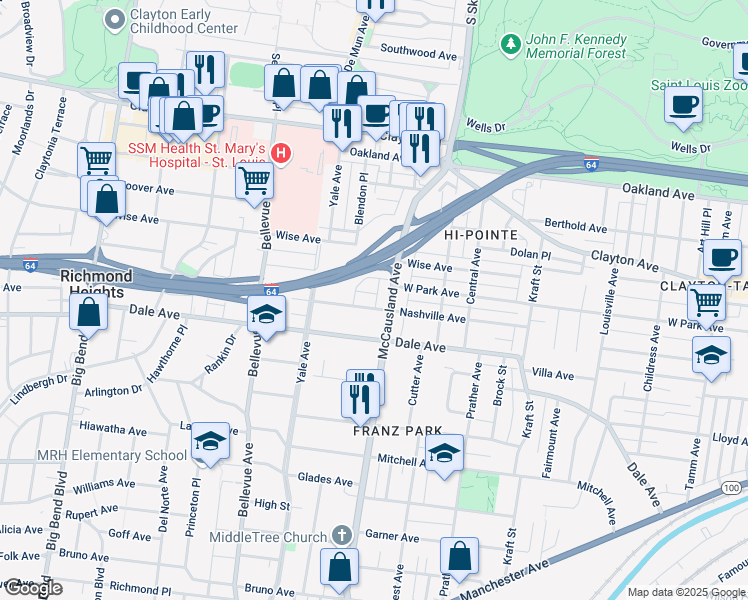 map of restaurants, bars, coffee shops, grocery stores, and more near 7015 Nashville Avenue in St. Louis