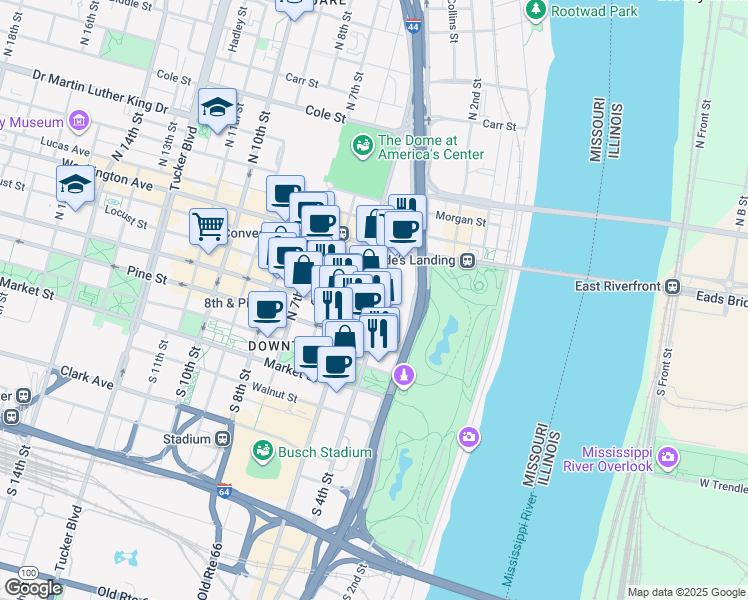 map of restaurants, bars, coffee shops, grocery stores, and more near 300 North 4th Street in St. Louis
