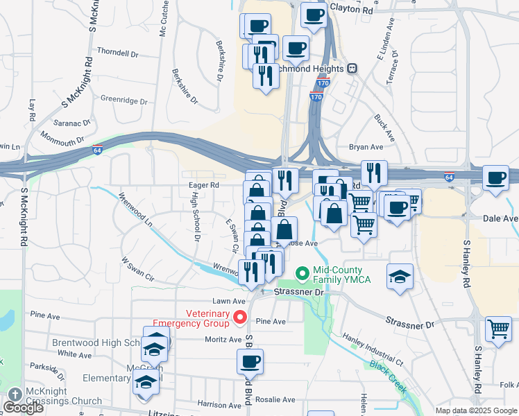 map of restaurants, bars, coffee shops, grocery stores, and more near 1519 South Brentwood Boulevard in Brentwood