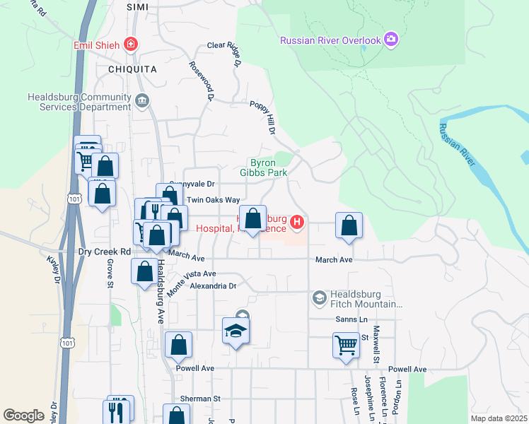 map of restaurants, bars, coffee shops, grocery stores, and more near 407 Terrace Boulevard in Healdsburg