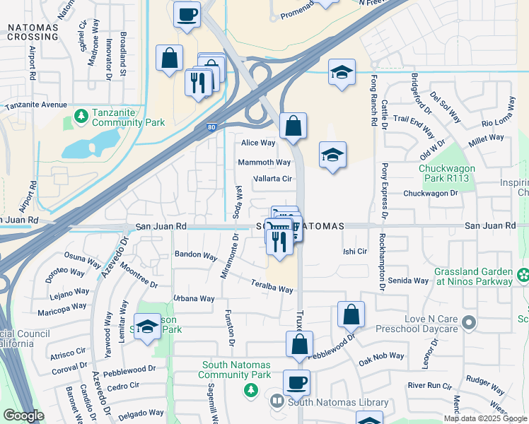 map of restaurants, bars, coffee shops, grocery stores, and more near 111 Balcaro Way in Sacramento