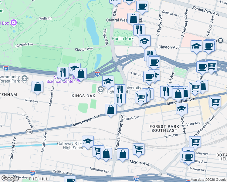 map of restaurants, bars, coffee shops, grocery stores, and more near 26 Lawn Place in St. Louis