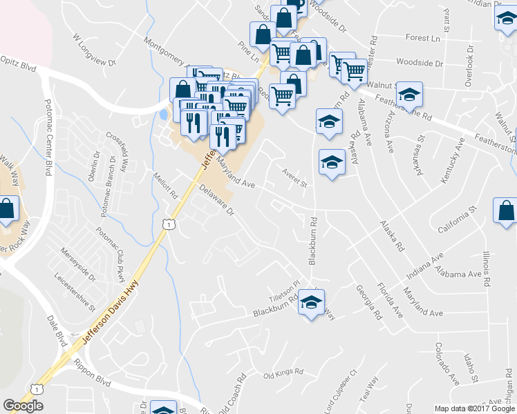 map of restaurants, bars, coffee shops, grocery stores, and more near 14905 Enterprise Lane in Woodbridge