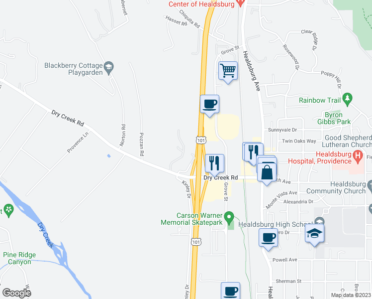 map of restaurants, bars, coffee shops, grocery stores, and more near 355 Dry Creek Road in Healdsburg