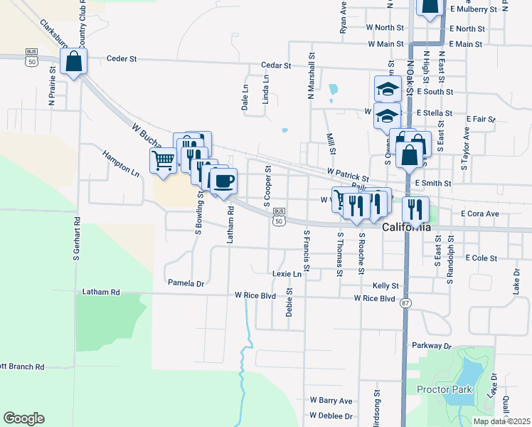 map of restaurants, bars, coffee shops, grocery stores, and more near 701 W Buchanan St in California