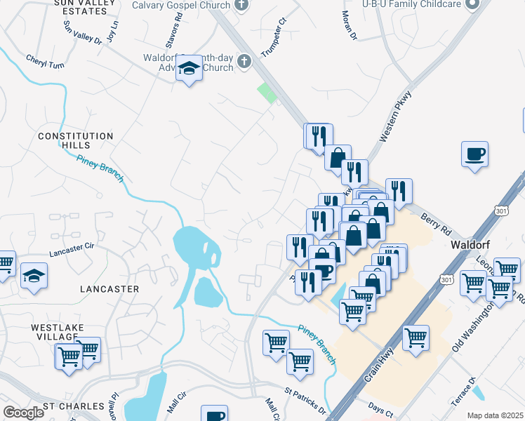 map of restaurants, bars, coffee shops, grocery stores, and more near 2955 Marsh Hawk Drive in Waldorf
