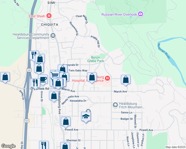 map of restaurants, bars, coffee shops, grocery stores, and more near 407 Terrace Boulevard in Healdsburg