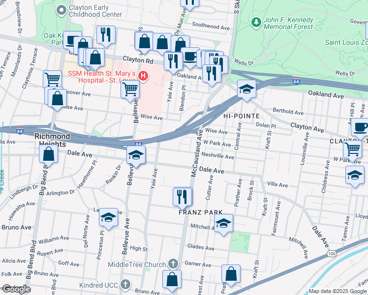 map of restaurants, bars, coffee shops, grocery stores, and more near 7015 Nashville Avenue in St. Louis