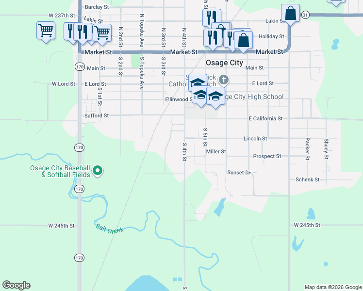 map of restaurants, bars, coffee shops, grocery stores, and more near 614 S 4th St in Osage City