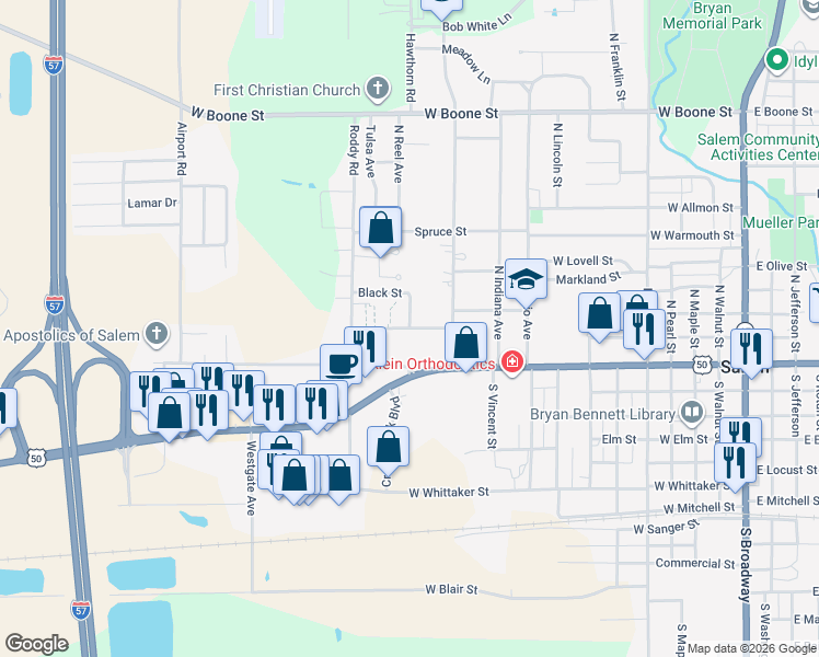 map of restaurants, bars, coffee shops, grocery stores, and more near 175 West Schwartz Street in Salem