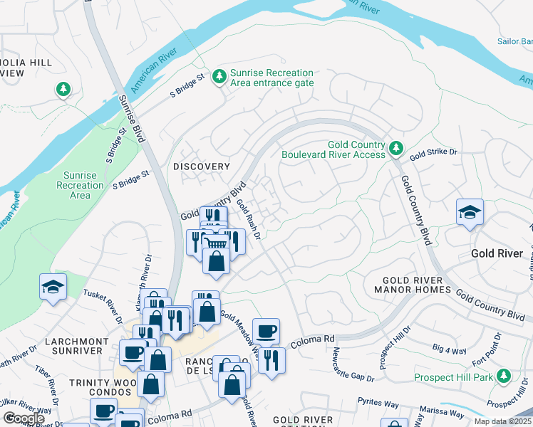 map of restaurants, bars, coffee shops, grocery stores, and more near 2071 Promontory Point Lane in Gold River