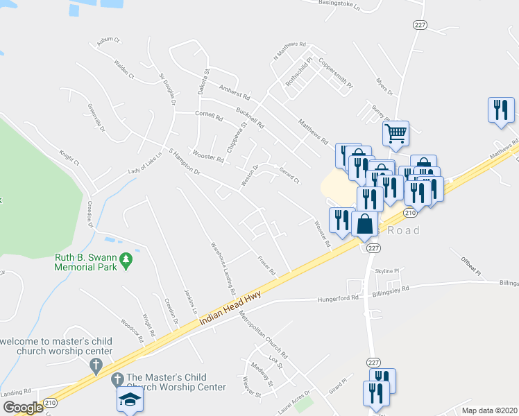 map of restaurants, bars, coffee shops, grocery stores, and more near 3070 South Hampton Drive in Bryans Road