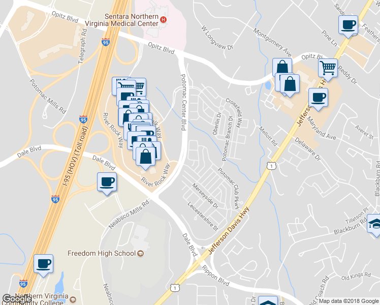 map of restaurants, bars, coffee shops, grocery stores, and more near 2537 Eastbourne Drive in Woodbridge
