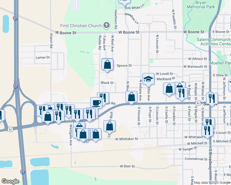 map of restaurants, bars, coffee shops, grocery stores, and more near 200 East Schwartz Street in Salem