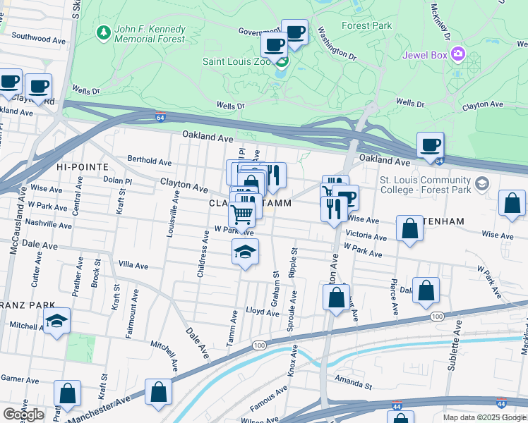 map of restaurants, bars, coffee shops, grocery stores, and more near in St. Louis