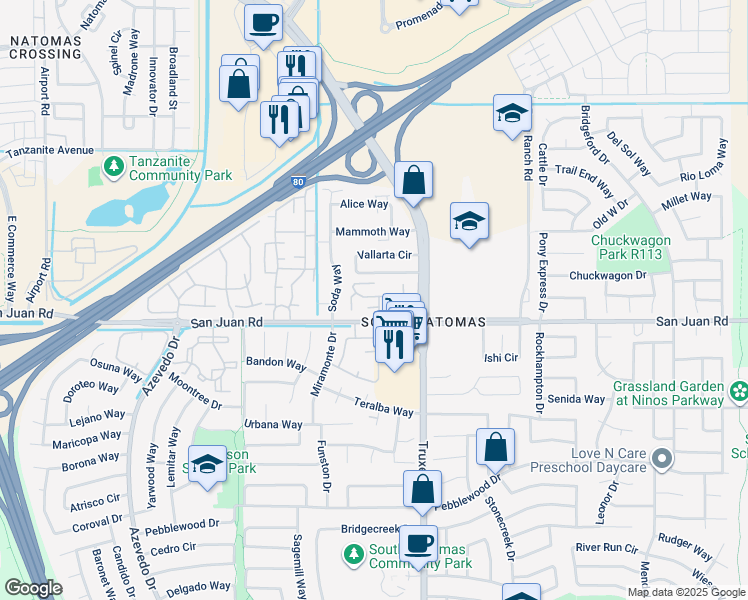 map of restaurants, bars, coffee shops, grocery stores, and more near 111 Balcaro Way in Sacramento