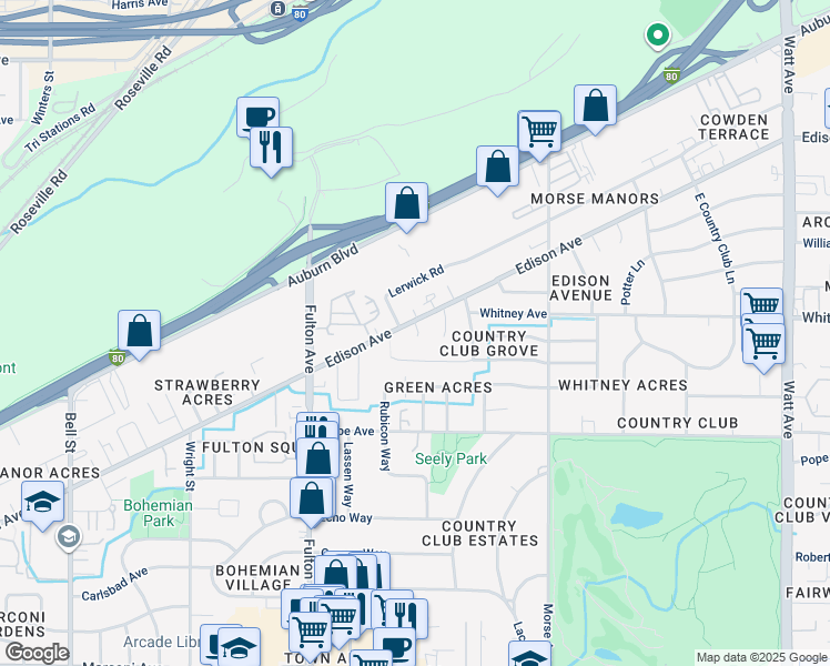 map of restaurants, bars, coffee shops, grocery stores, and more near 2732 Edison Avenue in Sacramento