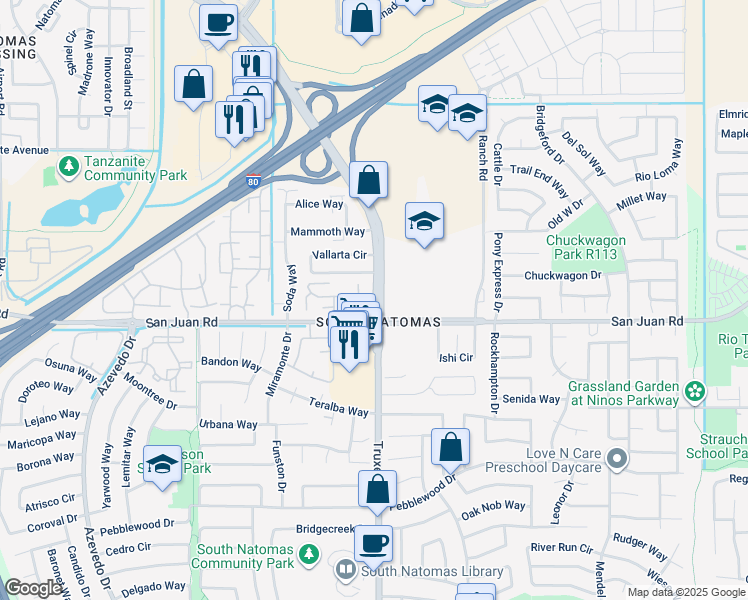 map of restaurants, bars, coffee shops, grocery stores, and more near 100 Luna Grande Circle in Sacramento