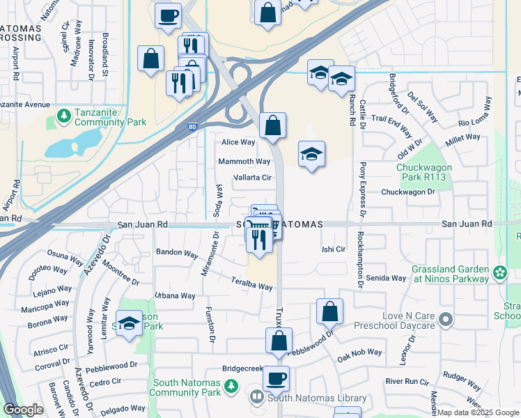 map of restaurants, bars, coffee shops, grocery stores, and more near 100 Luna Grande Circle in Sacramento