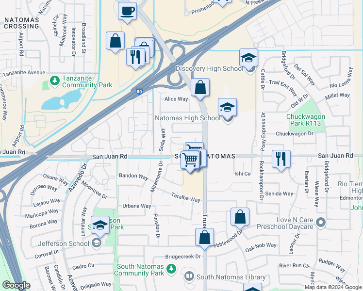 map of restaurants, bars, coffee shops, grocery stores, and more near 111 Balcaro Way in Sacramento