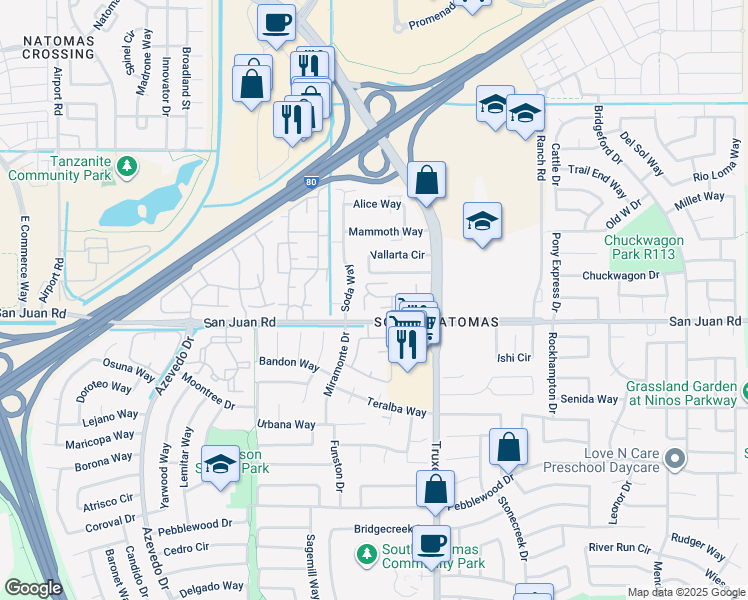 map of restaurants, bars, coffee shops, grocery stores, and more near 111 Balcaro Way in Sacramento