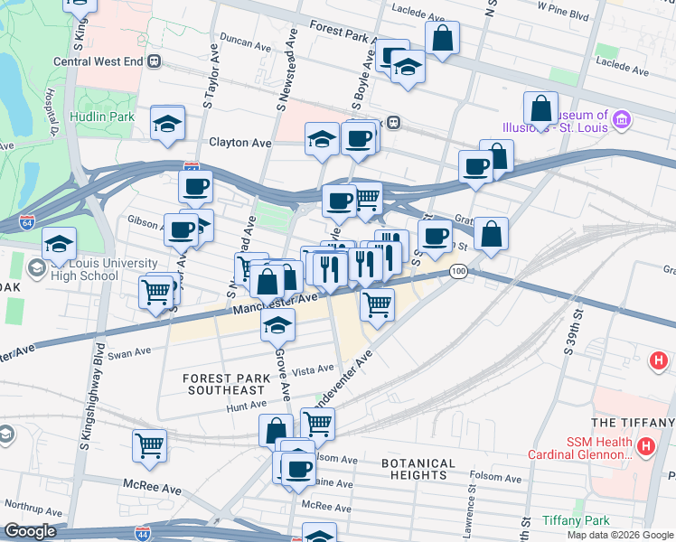 map of restaurants, bars, coffee shops, grocery stores, and more near in St. Louis
