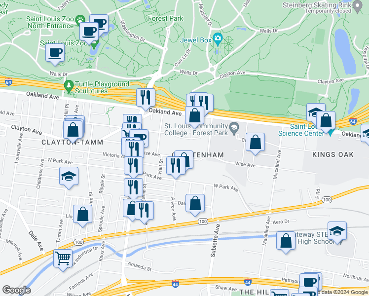map of restaurants, bars, coffee shops, grocery stores, and more near 5700 Highlands Plaza Drive in St. Louis