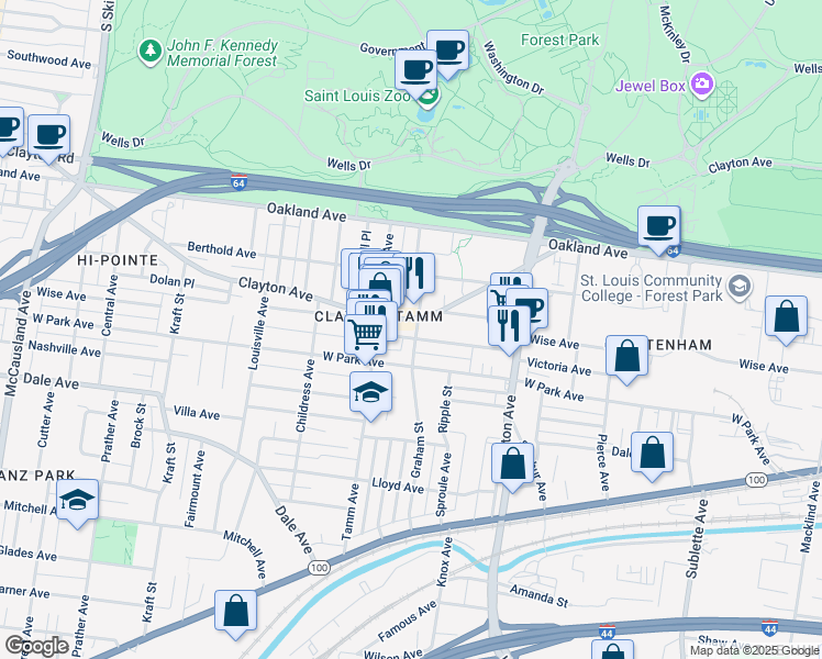 map of restaurants, bars, coffee shops, grocery stores, and more near 6227 Victoria Avenue in St. Louis