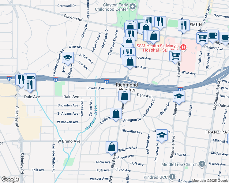 map of restaurants, bars, coffee shops, grocery stores, and more near 7515 Dale Avenue in Richmond Heights