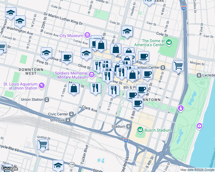 map of restaurants, bars, coffee shops, grocery stores, and more near 110 North Tucker Boulevard in St. Louis