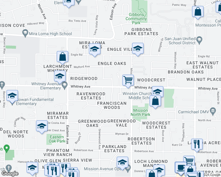 map of restaurants, bars, coffee shops, grocery stores, and more near 4540 Whitney Avenue in Sacramento