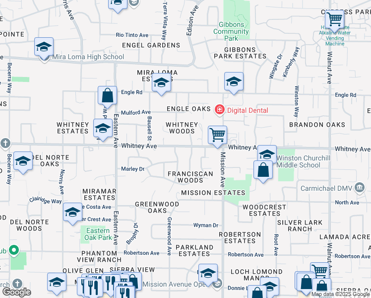 map of restaurants, bars, coffee shops, grocery stores, and more near 4536 Whitney Avenue in Sacramento