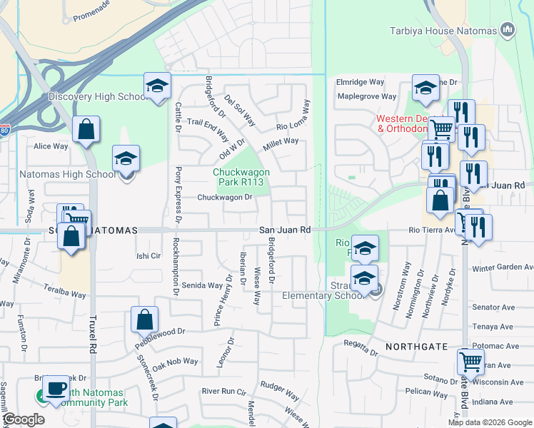 map of restaurants, bars, coffee shops, grocery stores, and more near 23 Pasture Court in Sacramento