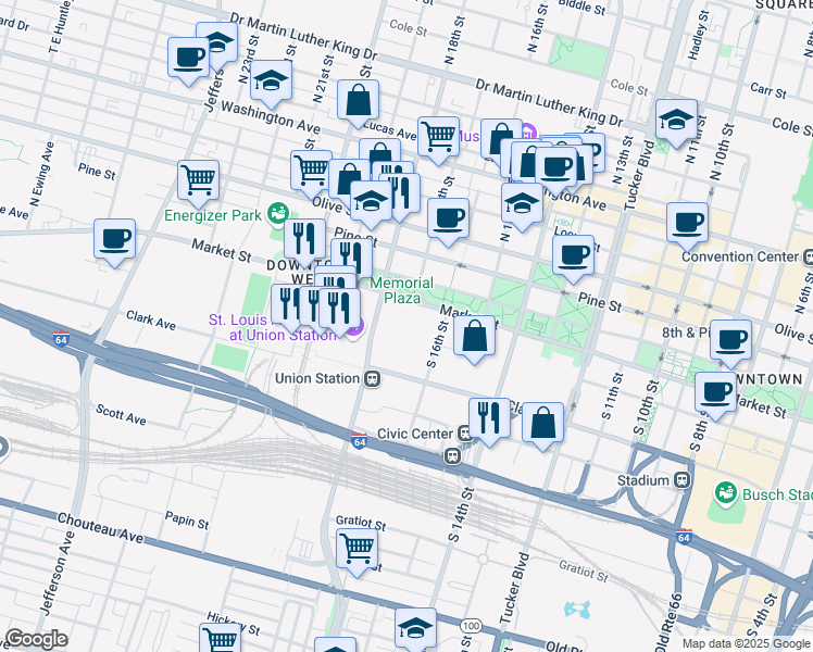 map of restaurants, bars, coffee shops, grocery stores, and more near in St. Louis