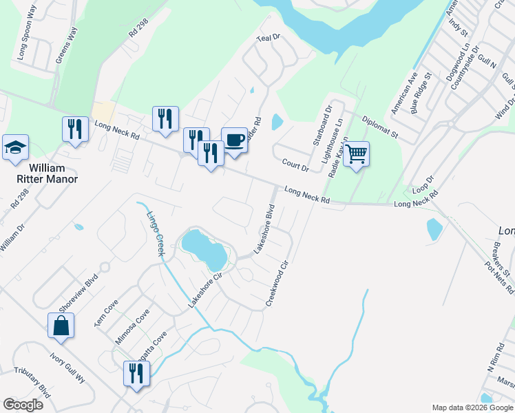 map of restaurants, bars, coffee shops, grocery stores, and more near 26346 Oak Forest Lane in Long Neck