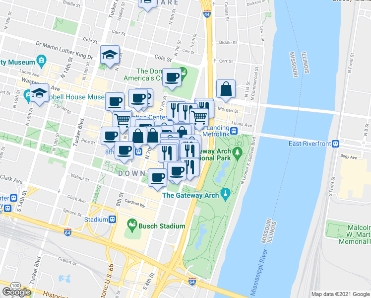 map of restaurants, bars, coffee shops, grocery stores, and more near 300 North Broadway in St. Louis