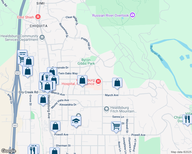 map of restaurants, bars, coffee shops, grocery stores, and more near 435 Terrace Blvd in Healdsburg