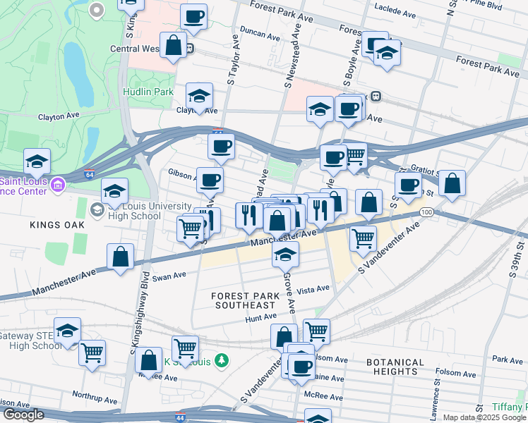 map of restaurants, bars, coffee shops, grocery stores, and more near 4335 Arco Avenue in St. Louis