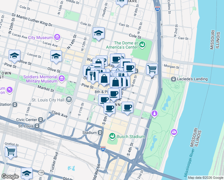 map of restaurants, bars, coffee shops, grocery stores, and more near 800 Olive Street in St. Louis