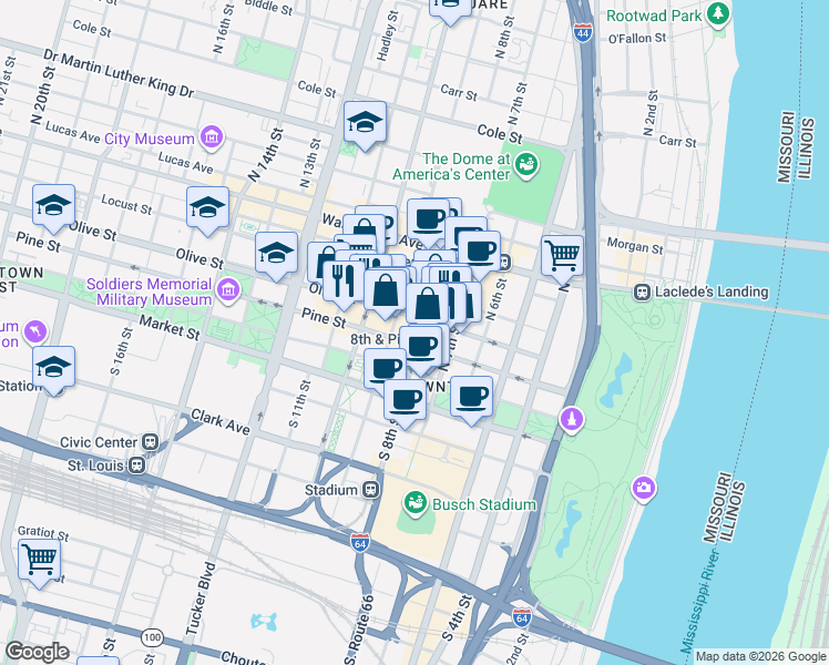 map of restaurants, bars, coffee shops, grocery stores, and more near 800 Olive Street in St. Louis