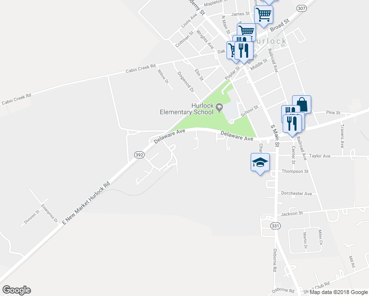 map of restaurants, bars, coffee shops, grocery stores, and more near 39 Delaware Avenue in Hurlock