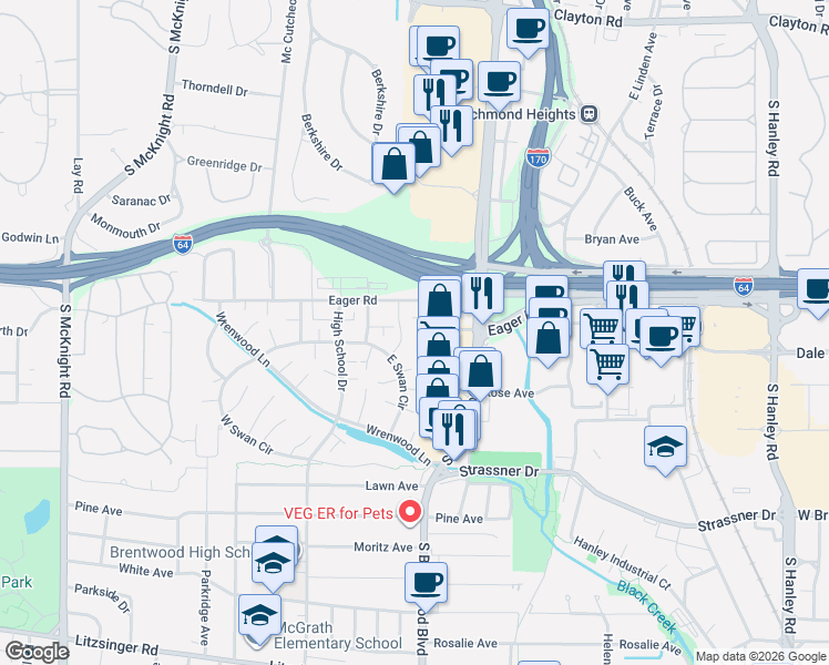 map of restaurants, bars, coffee shops, grocery stores, and more near 1441 Bluebird Terrace in St. Louis