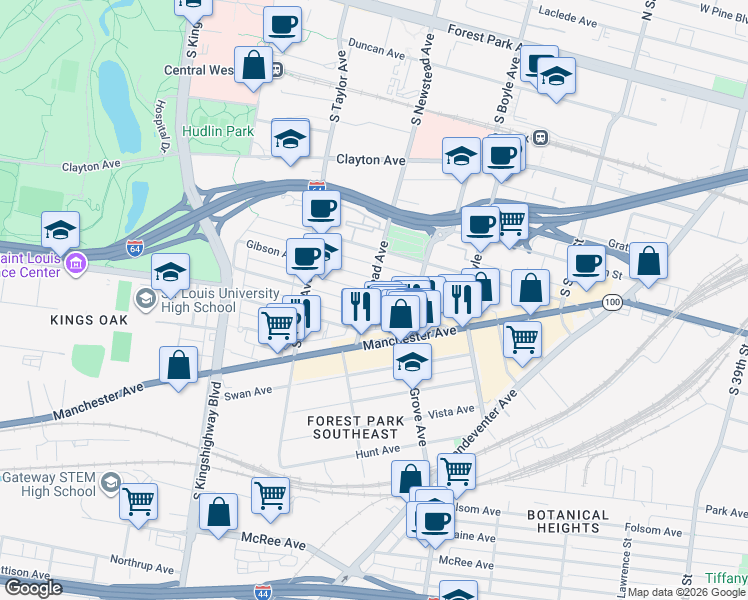 map of restaurants, bars, coffee shops, grocery stores, and more near 4345 Arco Avenue in St. Louis
