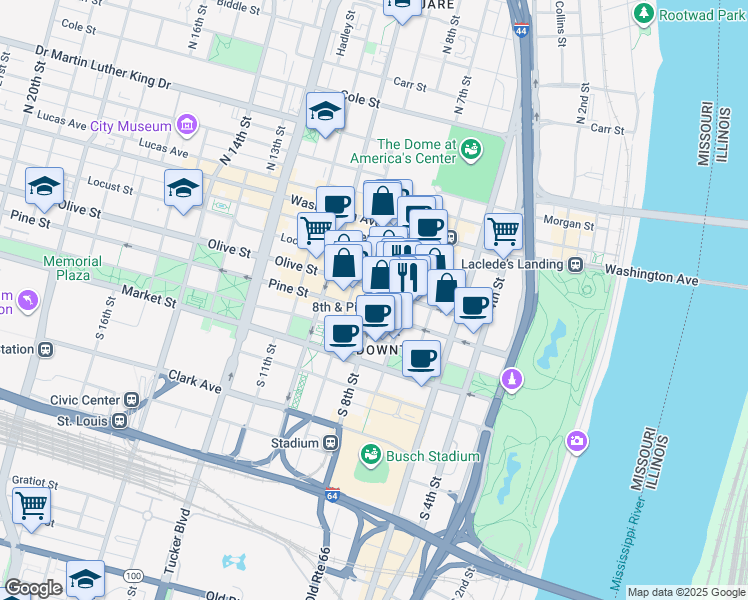 map of restaurants, bars, coffee shops, grocery stores, and more near in St. Louis
