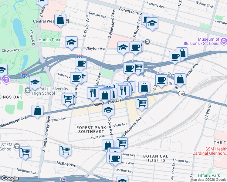 map of restaurants, bars, coffee shops, grocery stores, and more near 4251 Arco Avenue in St. Louis
